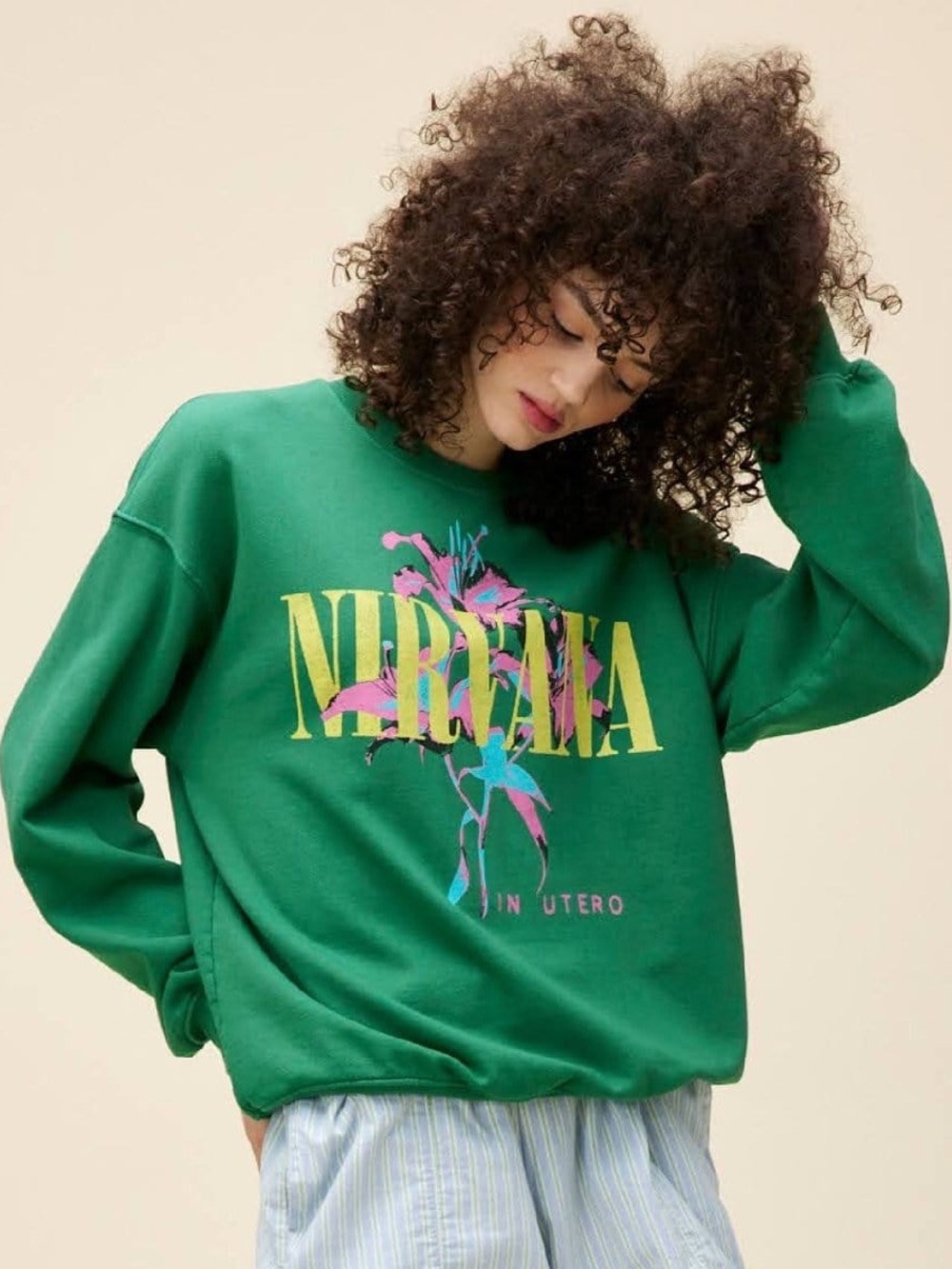 Daydreamer Nirvana Lilies Boyfriend Crew Sweatshirt in Jade XS